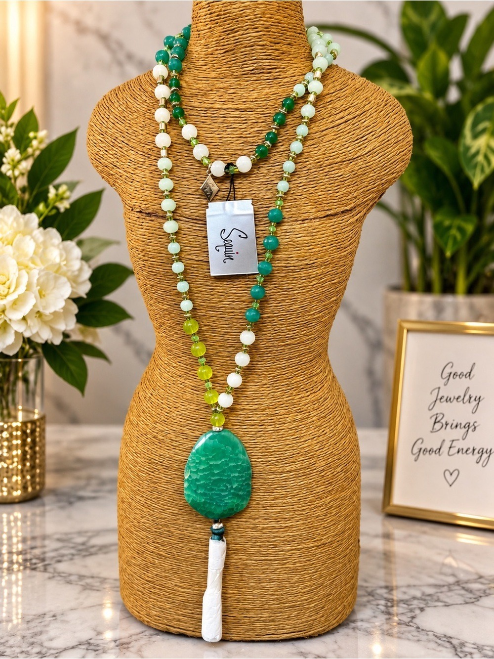 Green Beaded Pendant Necklace with Tassel by